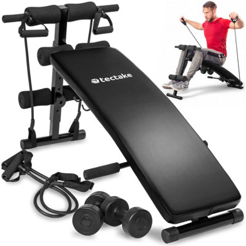 Image of Tectake Sit-Up Bench Cuttler - 6 Positions, Padded Leg Brace, Foldable, Inc. 2 Dumbbells And Elastic Bands - Black