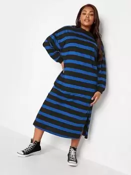 Image of Yours Oversized Long Sleeve T-Shirt Jumbo Stripe Dress With Cuff - Cobalt/Black
