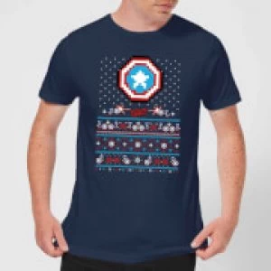 Image of Marvel Avengers Captain America Pixel Art Mens Christmas T-Shirt - Navy - XXL