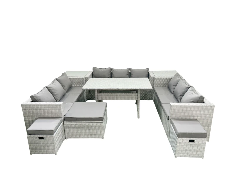 Image of Fimous Rattan Garden Outdoor Furniture Set 12 Seater Garden Sofa Rectangulr Dining Table Set with 3 Footstools 2 Side Tables Light Grey Mixed Light Gr