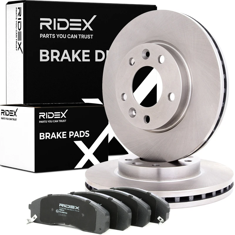 Image of RIDEX 3405B1560 Brake disc and pads set Front Axle, Brake Disc Type: Vented, with acoustic wear warning, with anti-squeak plate Brake Set,disc brakes