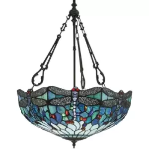 image of Interiors Dragonfly Blue - 3 Light Large Inverted Ceiling Pendant Bronze, Dragonfly Tiffany Glass, E27