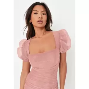 image of Missguided Petite Mesh Puff Sleeve Dress - Pink