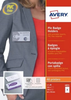 image of Avery Pin Badge Holders 60x90mm 104 Inserts 100 Holders