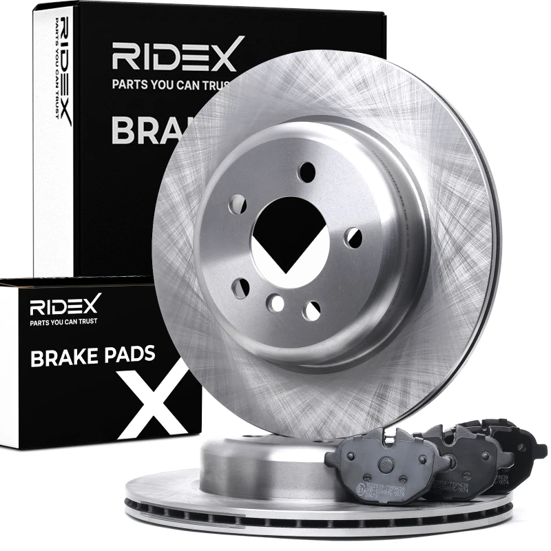 Image of RIDEX 3405B0837 Brake disc and pads set Rear Axle, Brake Disc Type: two-part brake disc, prepared for wear warning indicator, without wheel studs Bra