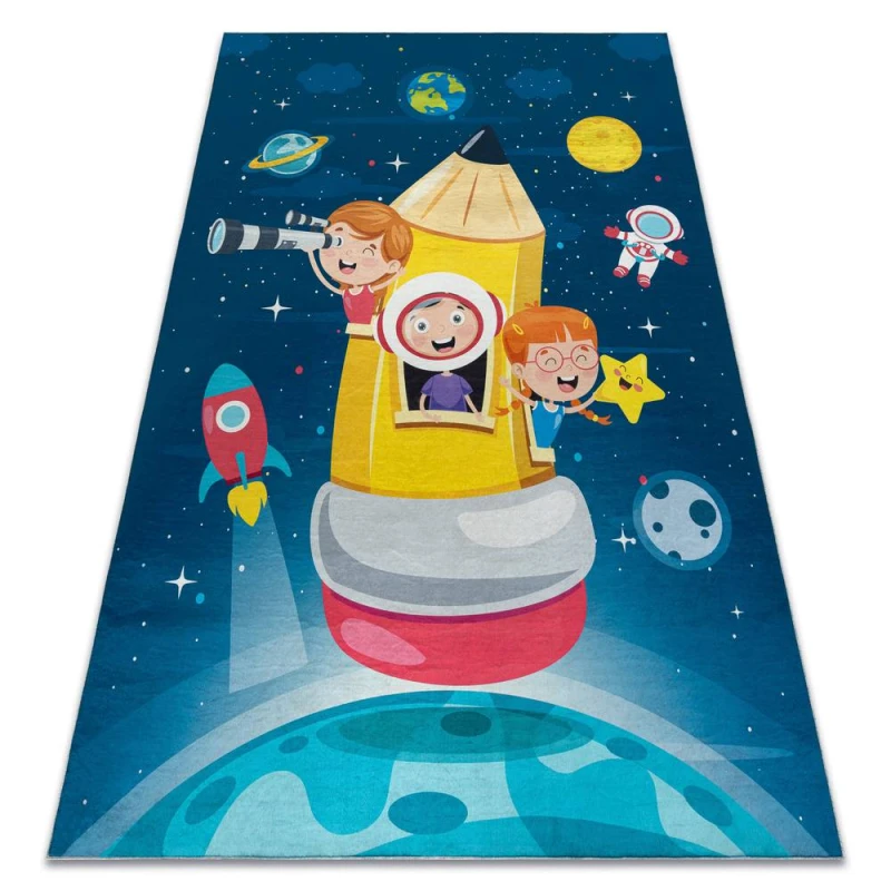 Image of RugsX Bambino 42810 Washing Carpet Rocket, Planets For Children Anti Slip - Blue / Brown 120X170 Cm