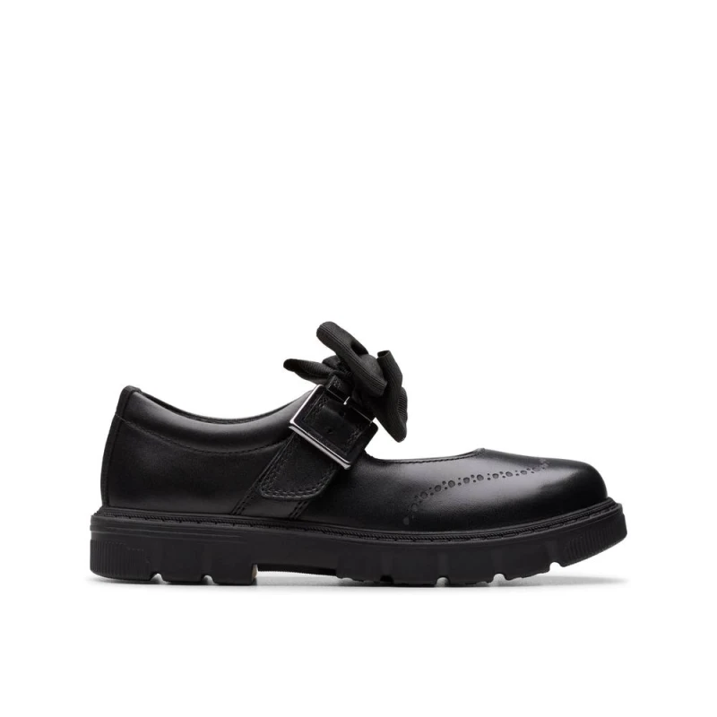 Image of Clarks Lorcam Jane Kid Black Leather Bar Shoes, Mary Jane, School Shoes Size: 1.5-Wide Fit Black Unisex 1.5-Wide Fit