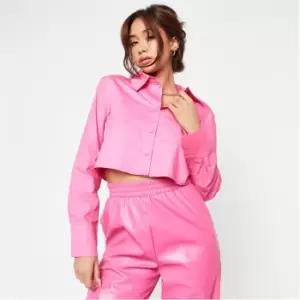 image of Missguided Button Padded Shoulder Cropped Shirt - Pink