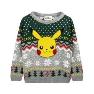 image of Pokemon Childrens/Kids Pikachu Knitted Christmas Jumper (11-12 Years) (Grey/Green)