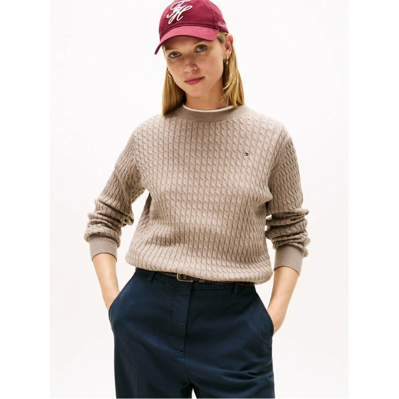Image of Tommy Hilfiger Womens Cable Knit Jumper Heathered Taupe female 12 (M)