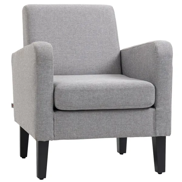 Image of Linen Modern Curved Armchair Accent Seat with Thick Cushion Wood Legs