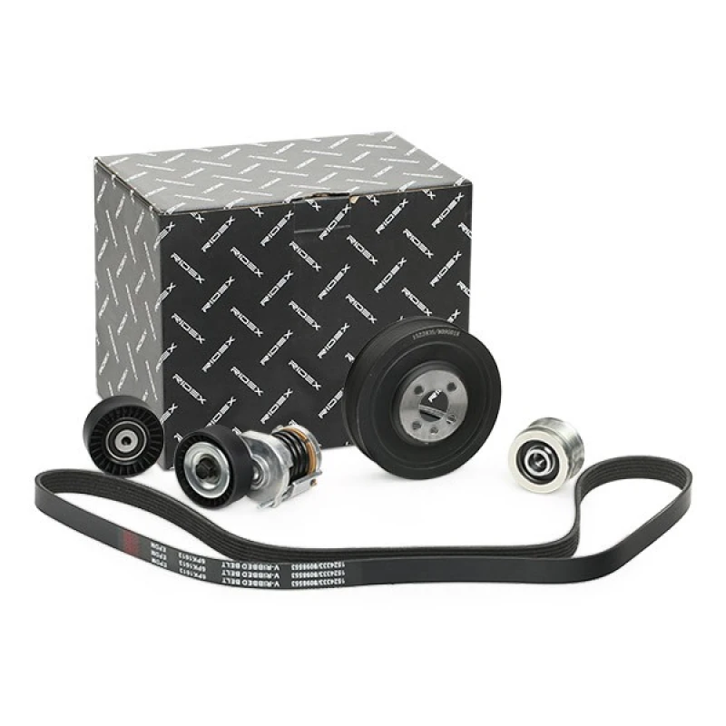 Image of RIDEX 542R1015 V-ribbed belt set with tensioner arm, tensioner pulley, Pulleys: with freewheel belt pulley V-Ribbed Belt Set (542)