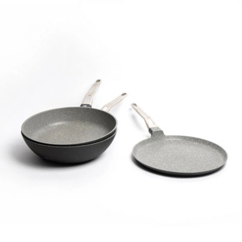 Image of Masterclass 3pc Non-Stick Cookware Set with Cast Aluminium Wok 28cm, Frying Pan 28cm and Crepe Pan 28cm Grey