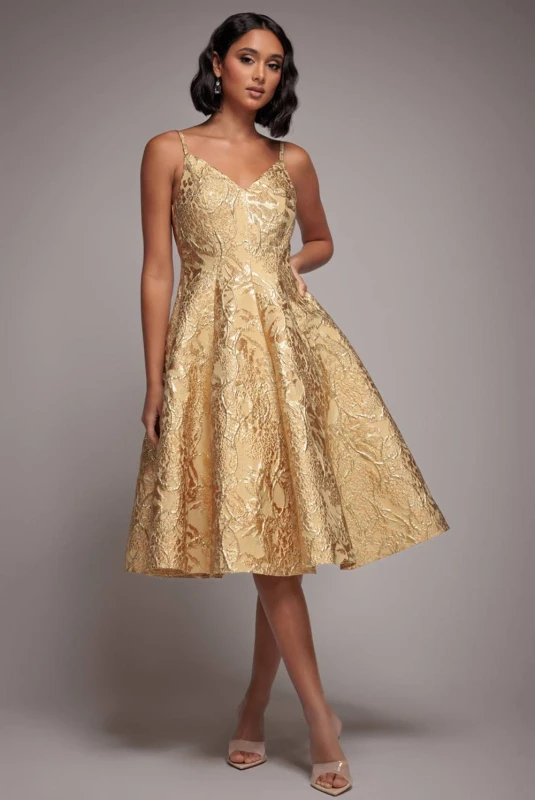 Image of Goddiva Womens Jacquard Sleeveless A line Midi Dress in Gold Size: 10 Gold Female 10