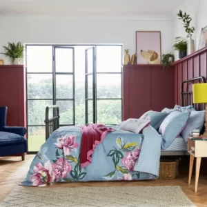 Image of Joules Melrose Floral Blue 100% Cotton Reversible Duvet Cover and Pillowcase Set Light Blue
