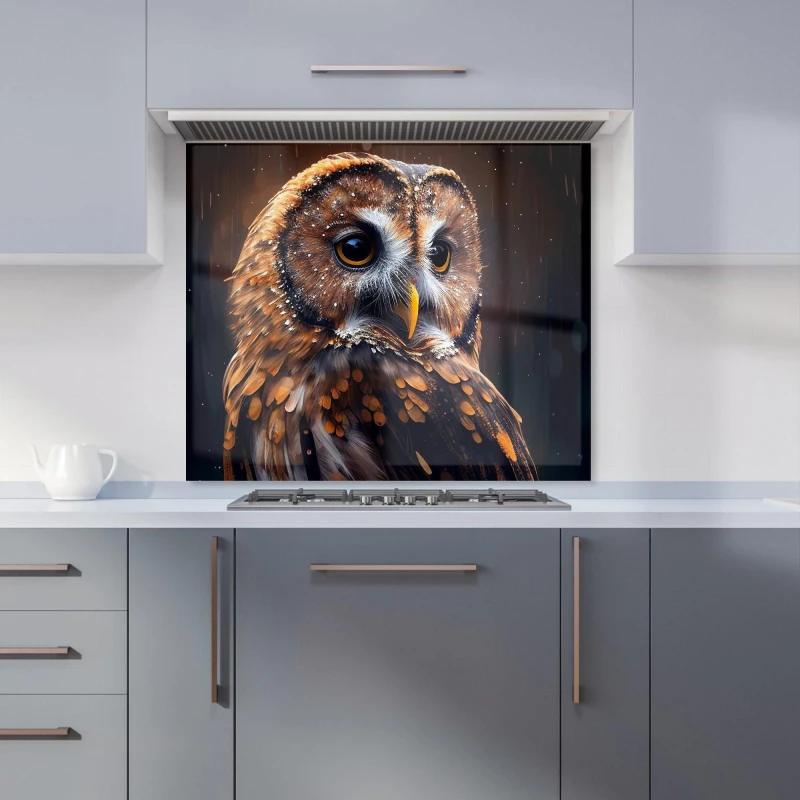Image of Warren Reed - Designer Tawny Owl Face Splashart Dark Background Kitchen Splashback in Brown Size: 600mm x 750mm Brown Unisex 600mm x 750mm