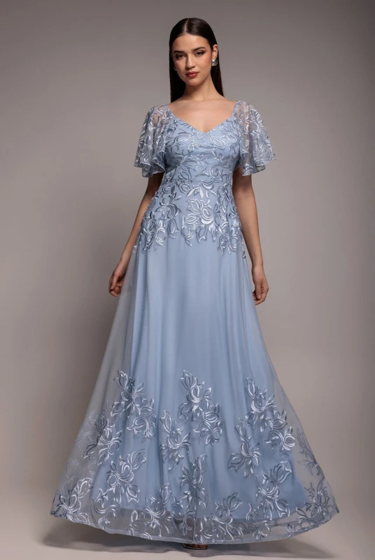 Image of Goddiva Womens Lace Flutter Sleeve Embroidered Mesh A Line Maxi Dress in Blue Size: 12 Blue Female 12