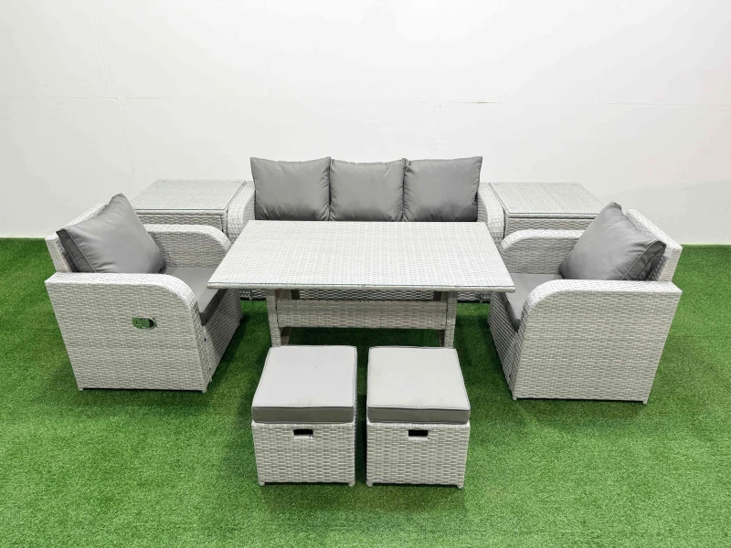 Image of Fimous PE Rattan Garden Furniture Set Reclining Chair Sofa Lounge Sofa Set Rectangular Dining Table 2 Side Table 2 Small Stools Light Grey Light Grey