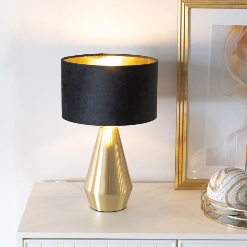 Image of ValueLights ValueLights Jax Gold Dimmable Touch Table Lamp with Velvet Drum & Gold Inner Shade & Bulb in Black One Size Unisex 5059406060359