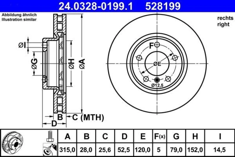 Image of ATE 24.0328-0199.1 Brake disc Vented, Coated, High-carbon, with bolts/screws Brake Disc (82)