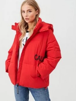 Image of Calvin Klein Jeans Oversized Logo Padded Jacket - Red, Size L, Women