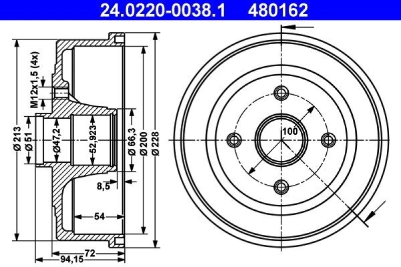 Image of ATE 24.0220-0038.1 Brake Drum 228,0mm, without ABS sensor ring Brake Drum (123)