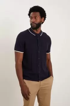 image of Slim Fit Navy Tipped Button Through Knitted Polo