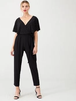 image of Wallis Hotfix Wrap Jumpsuit - Black, Size 12, Women