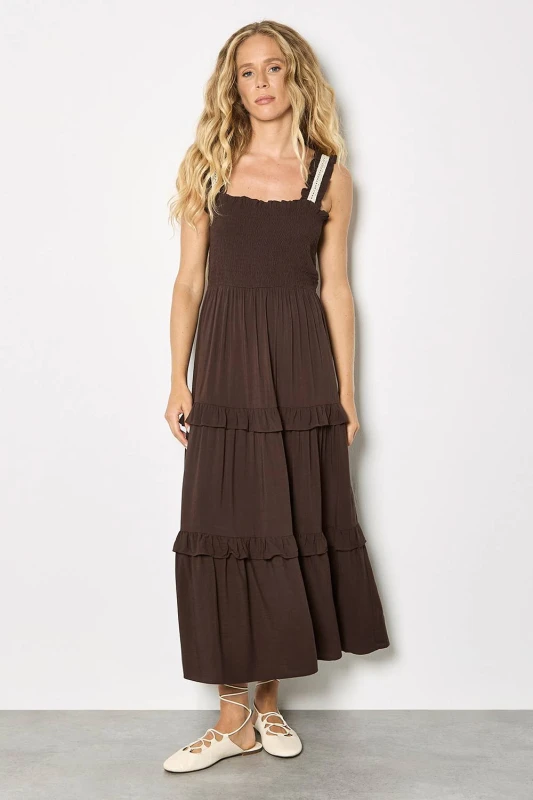 Image of Apricot Womens Tiered Lace Trim Midi Dress in Brown Size: 16 Brown Female 16
