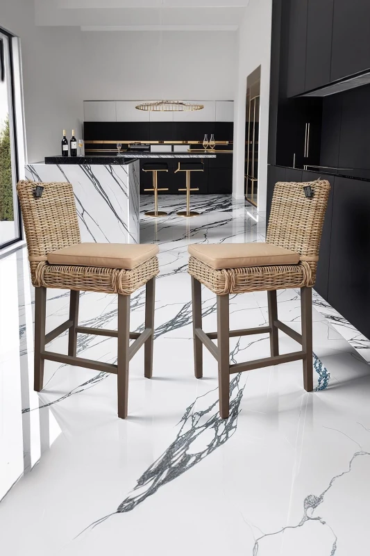 Image of FWStyle Set Of 2 Grey Wash Solid Pine Rattan Bar Chairs Grey