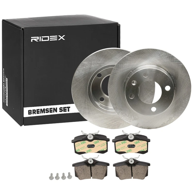 Image of RIDEX 3405B0365 Brake disc and pads set Rear Axle, Brake Disc Type: Solid, not prepared for wear warning indicator Brake Set,disc brakes (3405)