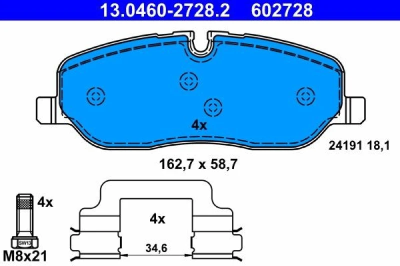 Image of ATE 13.0460-2728.2 Brake pad set excl. wear warning contact, with accessories, with brake caliper screws Brake Pad Set,disc brake (402)