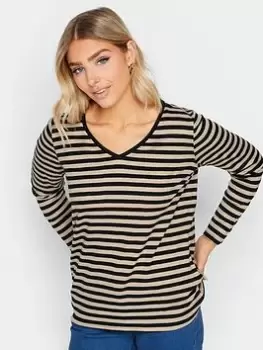 Image of M&Co Neutral Striped V Neck Cotton Slub, Black, Size 12, Women