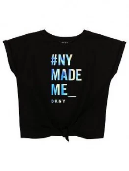 Image of DKNY Girls Tie Front Slogan Short Sleeve T-Shirt - Black, White, Size Age: 10 Years, Women