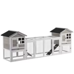 Image of Pawhut Two-in-one Rabbit Hutch With Double House Run Box Slide-out Tray Ramp - Grey