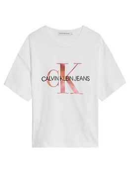 Image of Calvin Klein Jeans Girls Distorted Monogram T-Shirt - White, Size Age: 12 Years, Women