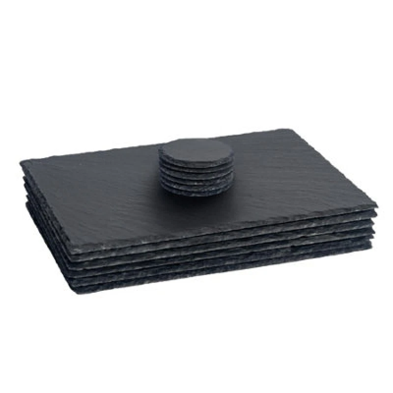 Image of Argon Tableware 12Pc Rectangular Slate Placemats & Coasters Set - Black Natural Stone Dinnerware Plate Placemats Drink Mats