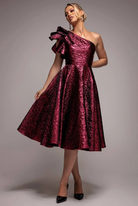 Image of Goddiva Womens One Shoulder Frill Jacquard Skater Midi Dress in Burgundy Size: 12 Burgundy Female 12