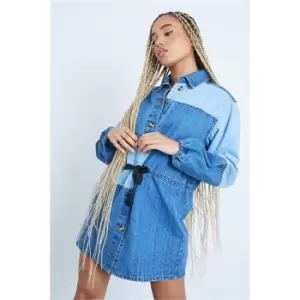 I Saw It First Mid Wash Colour Block Denim Shirt Dress - Blue