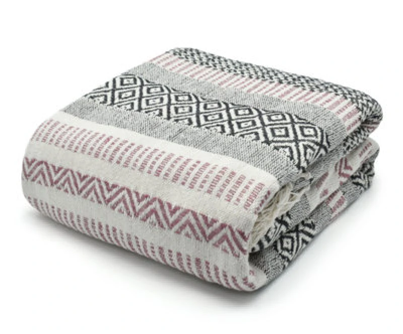 Image of Velosso Zigzag Throw Multicoloured Aztec Design With Tassels, Soft Acrylic Blanket For Bed, Sofa Or Armchair, 50Cm X 60Cm - Blush