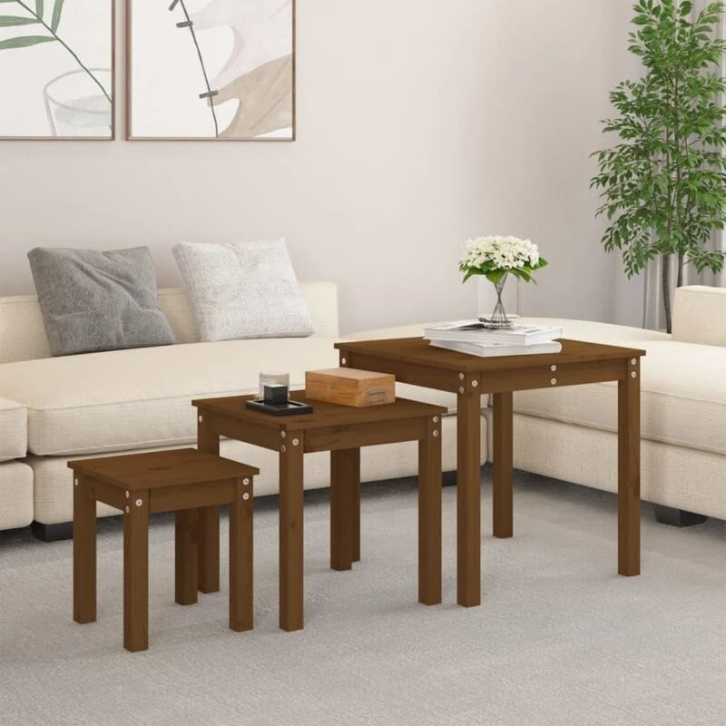 Image of Vidaxl Nesting Tables 3 Pcs Honey Brown Solid Wood Pine, Brown 824976