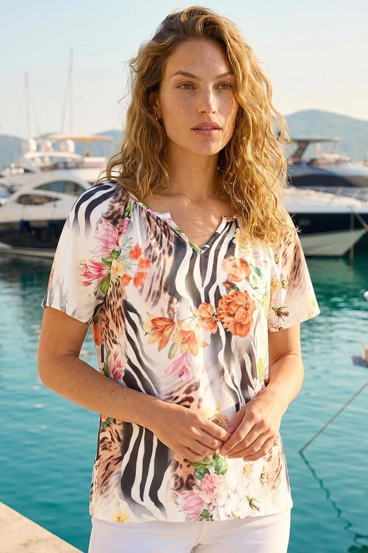 Image of Roman Womens Animal Floral Notch Neck Top in Coral Size: 10 Coral Female 10