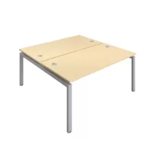 Image of Telescopic 6 Person Bench Desk with Cable Port and Silver Frame - 1600mm - Maple