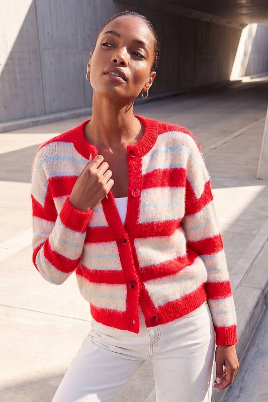 Image of Roman Womens Stripe Knit Cardigan in Red Size: 10 Red Female 10