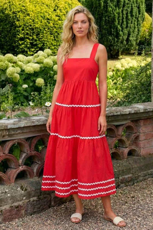 Image of Roman Womens Ric Rac Tiered Midi Dress in Coral Size: 18 Coral Female 18