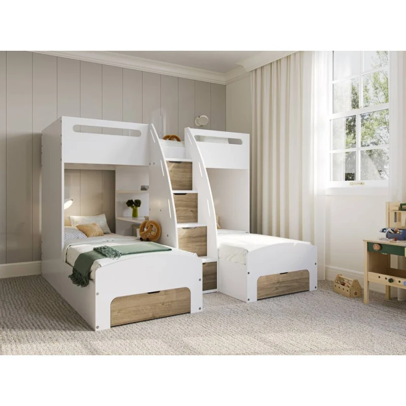 Image of Flair Eddie Staircase Triple Bunk Bed with Storage in White Size: Single White Unisex Single