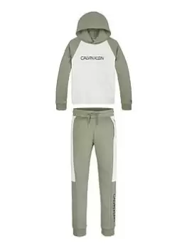 Image of Calvin Klein Jeans Boys Modern Colour Block Hoodie And Jogger Set - Khaki, Size Age: 12 Years