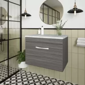 image of Athena Wall Hung 1-Drawer Vanity Unit with Sparkling White Worktop 600mm Wide - Anthracite Woodgrain - Nuie