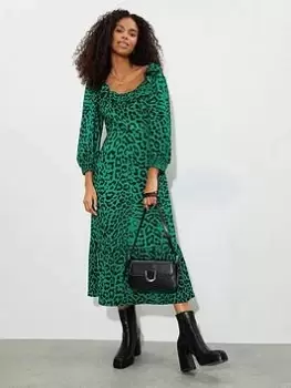 Image of Dorothy Perkins Leopard Ruffle Neck Midi Dress - Green, Size 8, Women