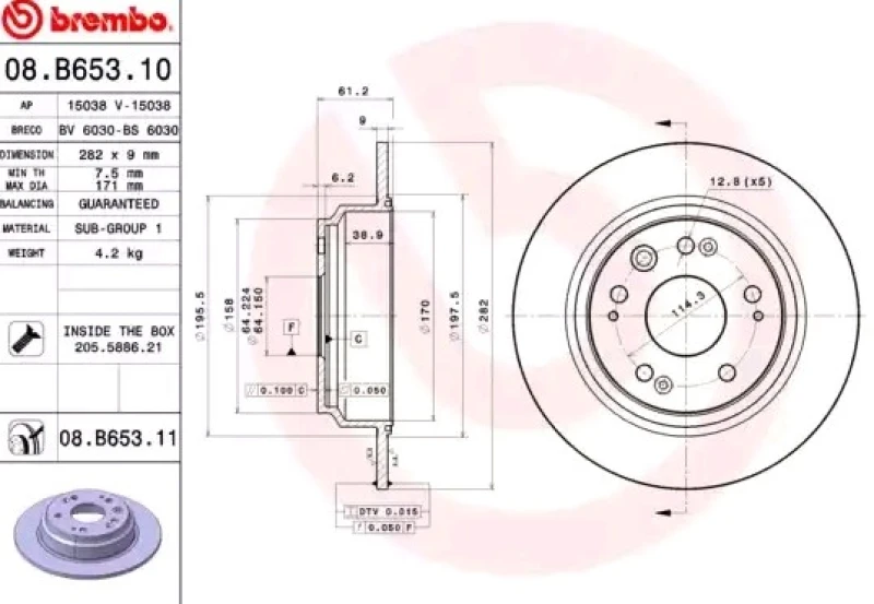 Image of BREMBO 08.B653.11 Brake disc solid, Coated, with bolts/screws Brake Disc (82)